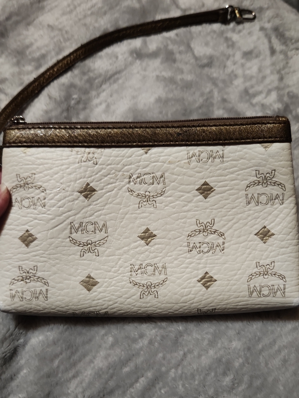 MCM White and Gold Logo Wristlet Clutch(look At All Pictures) Preowned And Loved